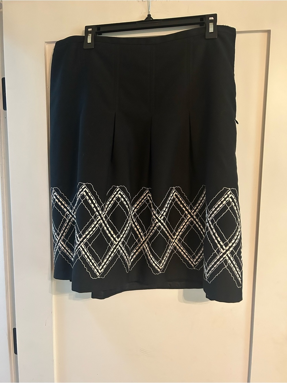 Loft Black A-Line Skirt with White Geometric Embroidery